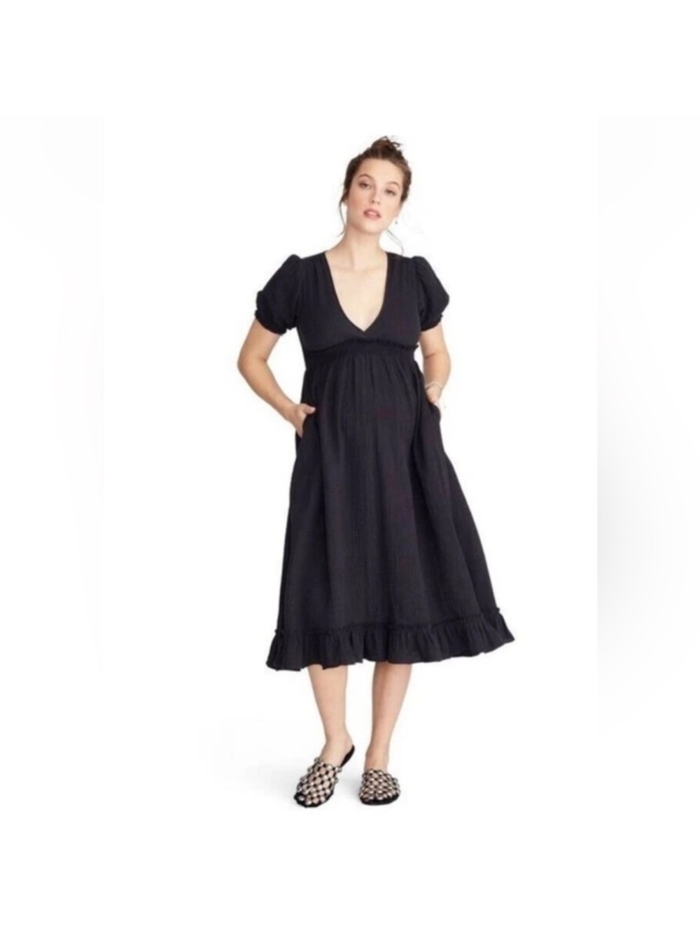 Hatch Maternity Women's The Amelia Dress Midi S/1 Black Cotton Gauze Raw Hem